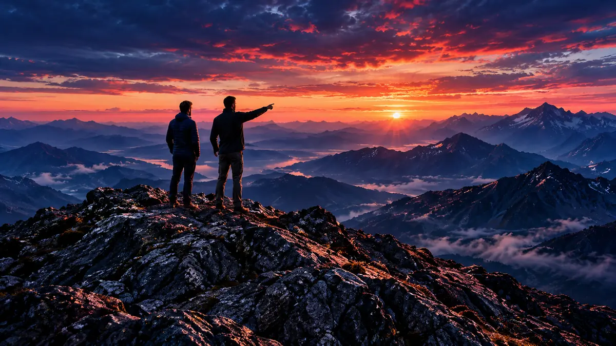 Business partners looking toward the horizon at sunset